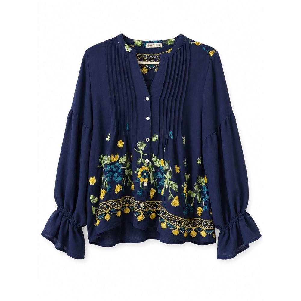 Hope Springs Womens Blouse Navy Blue Floral Embroidered Boho Peasant Top L